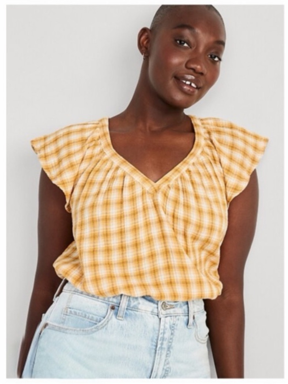 Old Navy Women’s Sunny Yellow Loose Check Pattern Plaid Flutter Sleeve Blouse